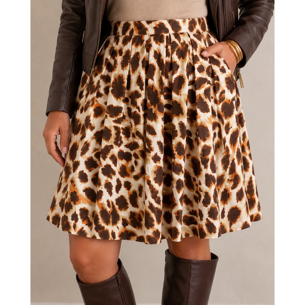 M 148 Anne Klein Silk Cotton Leopard Animal Print Pleated A-Line Skirt Fall
